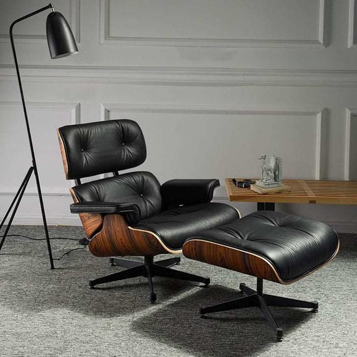 Scaun Classic cu taburet Charles Eames Lounge Chair Cu Piele Naturala Si Furnir